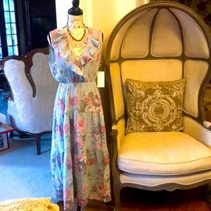 NWT Blue Linen Floral Linen Maxi Dress One Size